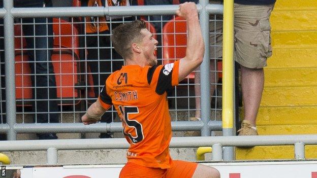 Cammy Smith celebrates his opening goal for Dundee United