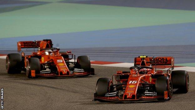 Sebastian Vettel and Charles Leclerc on track during the Bahrain Grand Prix