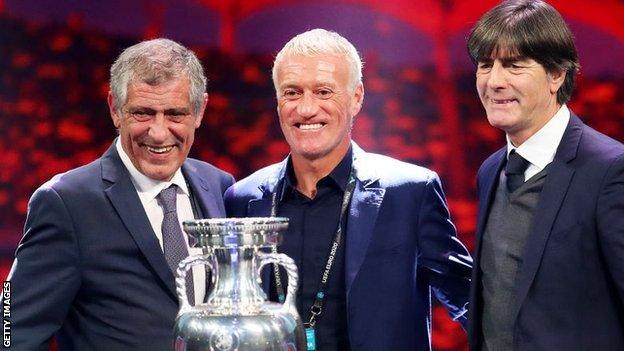 Managers of Portugal, France and Germany pose by euro trophy