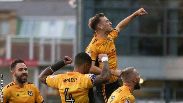 Newport County celebrate beating Cambridge United