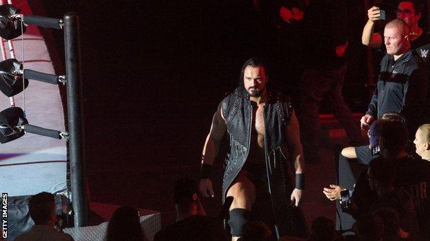 Drew McIntyre makes his entrance at the WWE Live show in Cologne