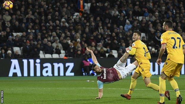 Andy Carroll, who had an excellent all-round game, scores with a stunning mid-air volley