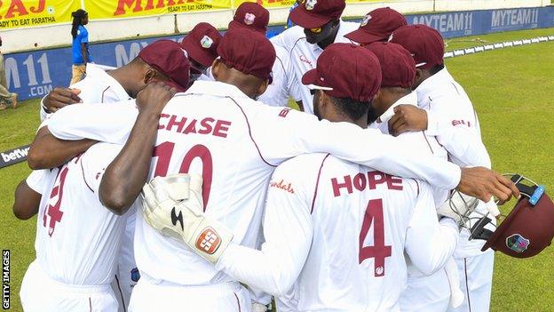 West Indies team huddle