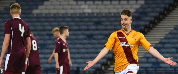 Motherwell's Robbie Leitch celebrates against Hearts