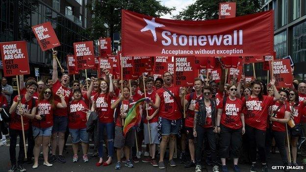 Members of the Lesbian, Gay, Bisexual and Transgender (LGBT) community take part in the Pride Parade in London