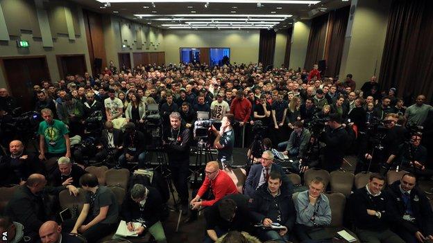 The first news conference of fight week drew a big crowd at a Liverpool hotel