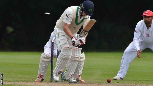 Ireland captain William Porterfield has to walk after being bowled by Eshan Khan