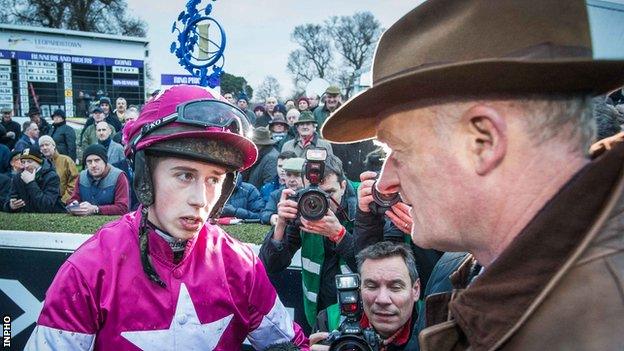 Winning jockey Bryan Cooper talks to Willie Mullins after Don Poli's victory in the Lexus Chase at Leopardstown