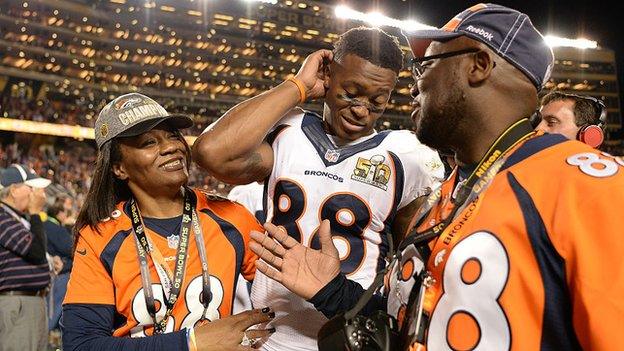 Demaryius Thomas with his mother and father after success at Super Bowl 50 in 2015