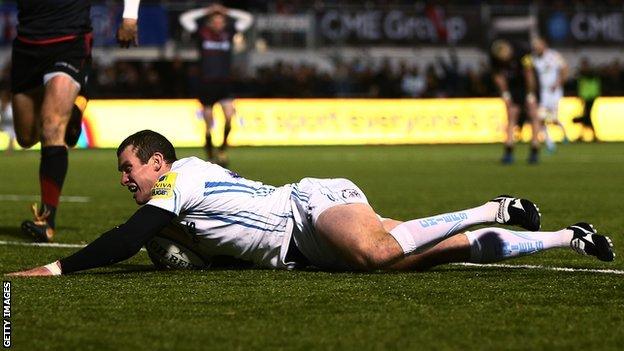 Ian Whitten slides in to score for Exeter, a key turning point in this game