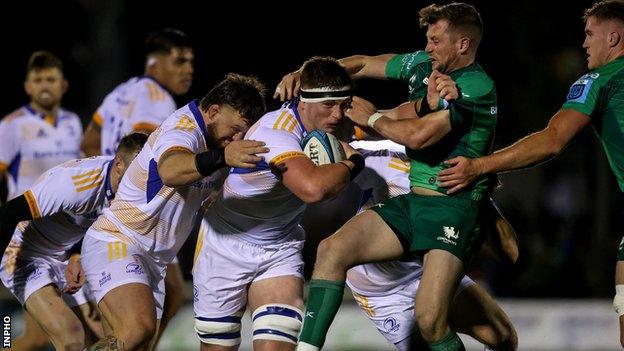 Leinster's Joe McCarthy is halted by Connacht's Jack Carty