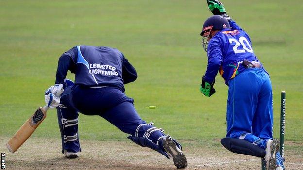 Leinster batsman Gareth Delaney is stumped by Niall O'Brien in the Leinster CC game