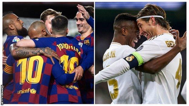 Barcelona and Real Madrid players celebrate