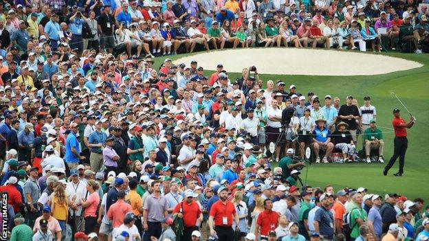 Tiger Woods tees off on the third hole at Augusta