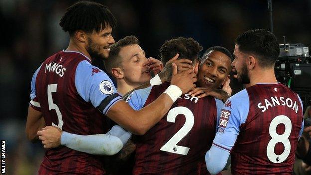 Villa players celebrate with Matty Cash