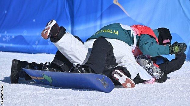 Australia's Tess Coady and US athlete Julia Marino jump on New Zealand winner Zoi Sadowski-Synnott