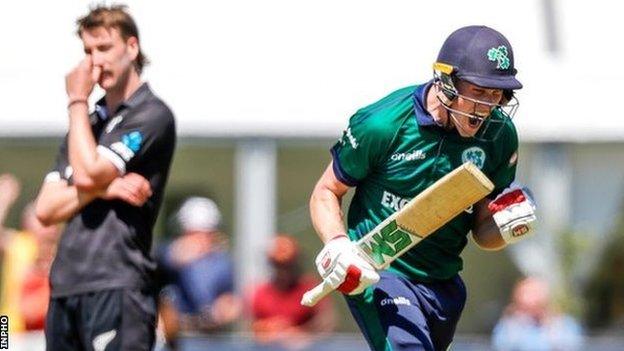 Harry Tector celebrates reaching his century against New Zealand