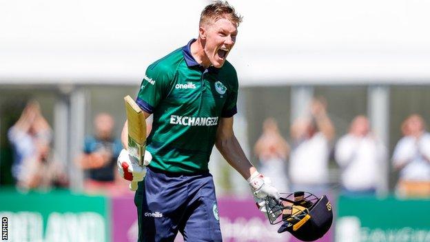 Harry Tector celebrates the first of his two centuries in the ODI series against New Zealand last month