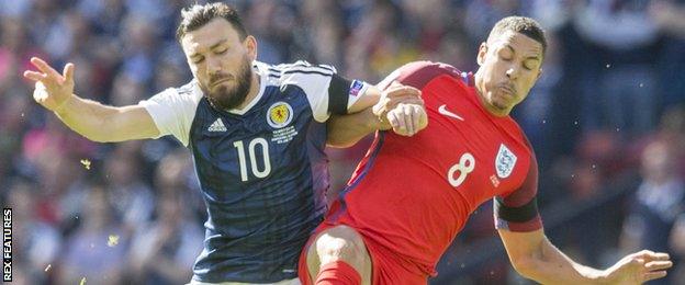 Scotland's Robert Snodgrass challenges England's Jake Livermore