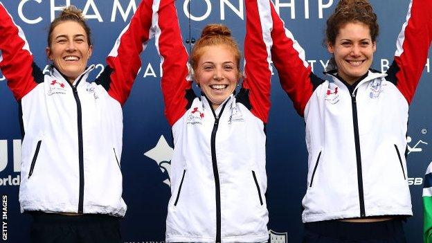 (L-R) Joanna Muir, Francesca Summers and Kate French of Great Britain