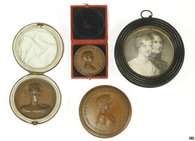 Aquatint portrait of Princess Charlotte of Wales and Prince Leopold along with a cased bronze commemorative medal of the Princess, which will be offered at a Sworders auction