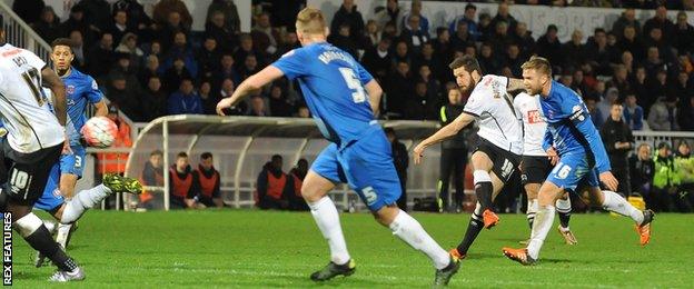 Jacob Butterfield scores Derby's equaliser against Hartlepool