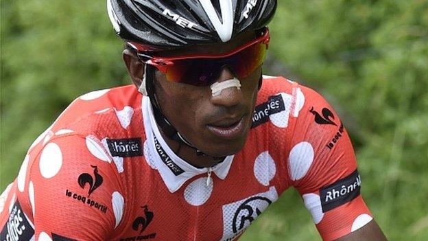 Eritrea's Daniel Teklehaimanot rides wearing the polka dot jersey for best climber at the recent Dauphine Criterium race