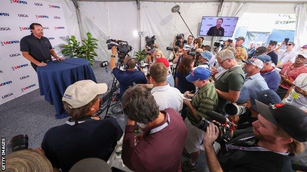 Phil Mickelson taking questions from the media at Brookline