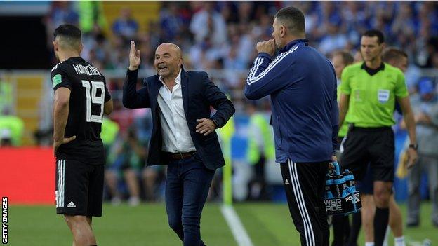 Jorge Sampaoli shouts instructions from the dug-out