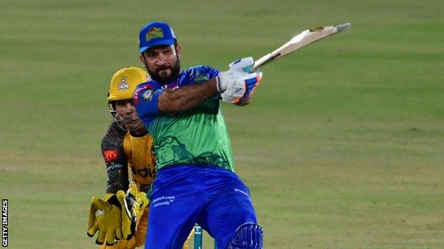 Multan Sultans' Shan Masood plays a shot during the Pakistan Super League