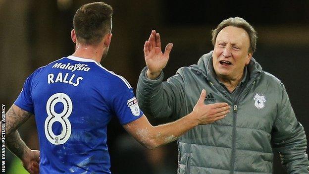 Neil Warnock congratulates scorer Joe Ralls after Cardiff City's 1-0 win over Aston Villa