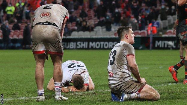 Rob Herring, Ian Madigan and James Hume show their disappointment after Ulster's defeat by Gloucester on Saturday