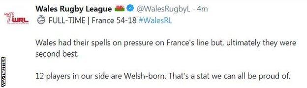 Wales Rugby League's tweet reads: Wales had their spells on pressure on France's line but, ultimately they were second best.