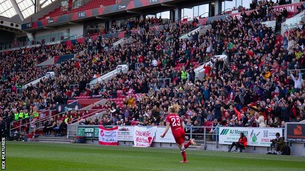 Aggie Beaver-Jones celebrates her goal at Ashton Gate