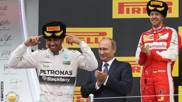 Lewis Hamilton, President Putin and Sebastian Vettel on the podium