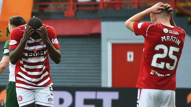 Hamilton Accies players looking dejected after own goal