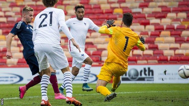 Billy King scores for Scotland Under-21s against France