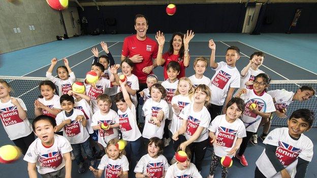 Greg Rusedski and Annabel Croft launch Tennis for Kids with some children