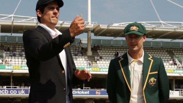 Alastair Cook tosses the coin before the second Ashes Test in 2015