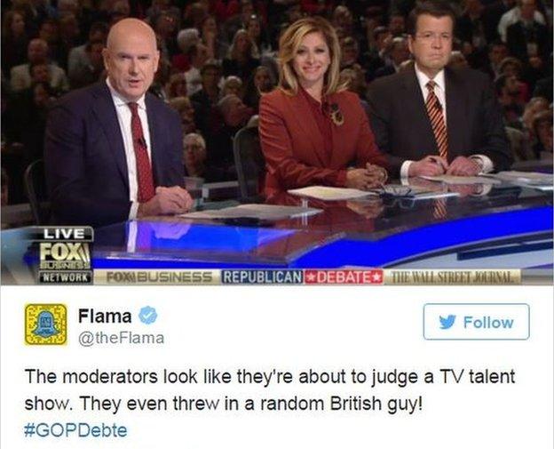 Tweet joking: "The moderators look like they're about to judge a TV talent show. They even threw in a random British guy!