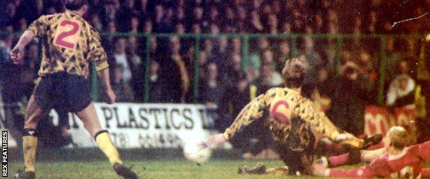 Steve Watkin scores the winner for Wrexham against Arsenal in 1992