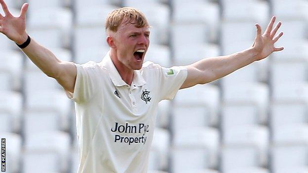 Nottinghamshire bowler Lyndon James appeals for a wicket