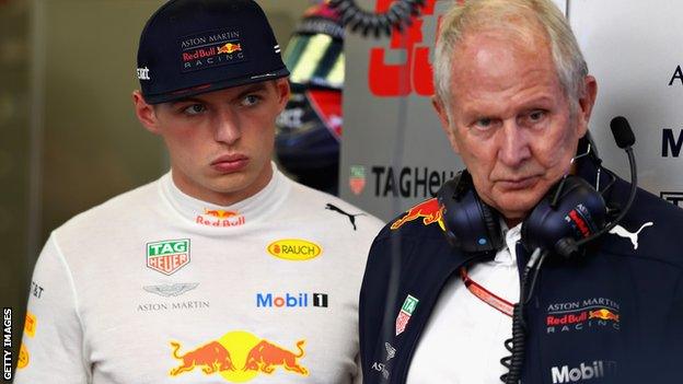 Red Bull driver Max Vertsappen and the team's motorsport chief Helmut Marko