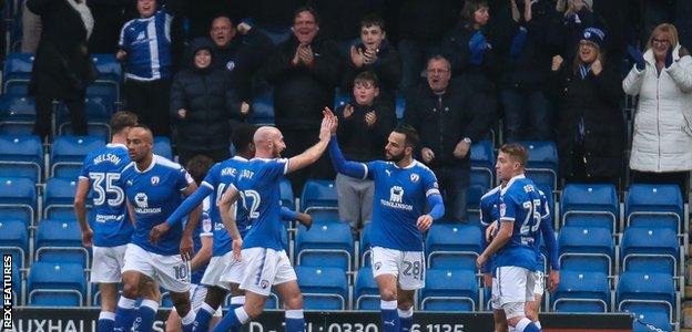 Chesterfield players Joe Rowley celebrates his goal against Luton with teammates