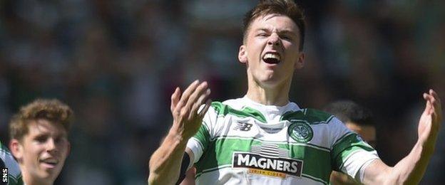 Kieran Tierney celebrates with Celtic