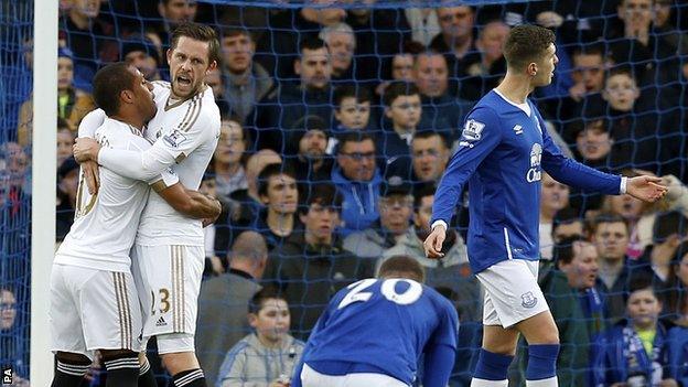 Gylfi Sigurdsson (left with Wayne Routledge) celebrates giving Swansea the lead