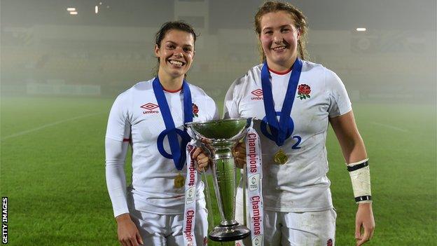 Helena Rowland and Morwenna Talling with the Six Nations trophy