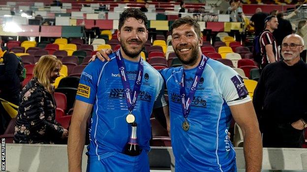 Worcester's Andrew and Graham Kitchener celebrate the Premiership Rugby Cup final win