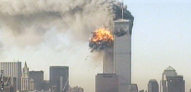 A plane crashes into the South Tower of the World Trade Center on 11 September 2001