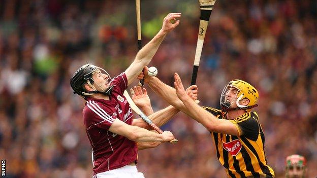 Galway defender Padraig Mannion clashes with Kilkenny's Colin Fennelly